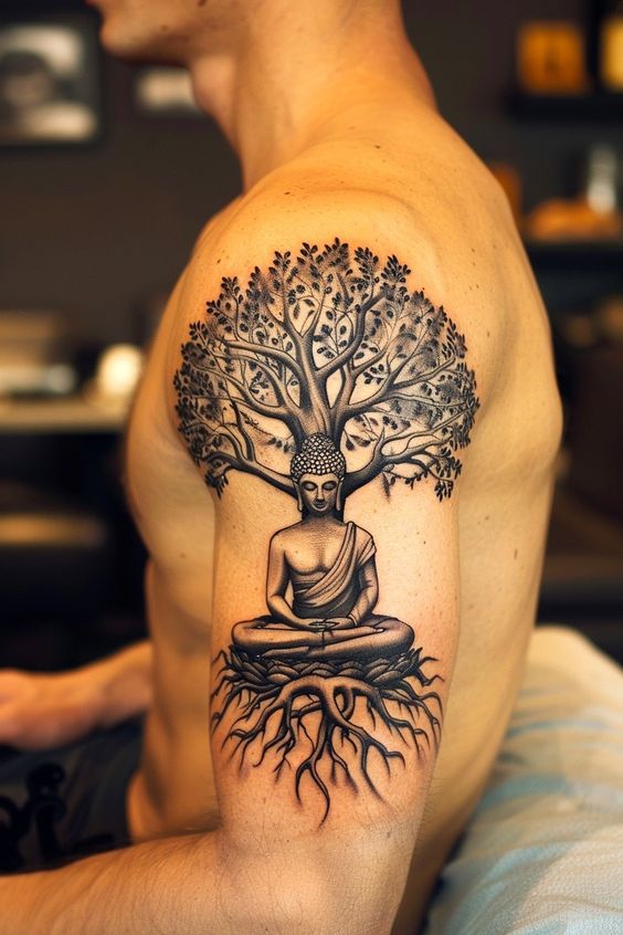 Creative Buddha Tree Tattoo Design