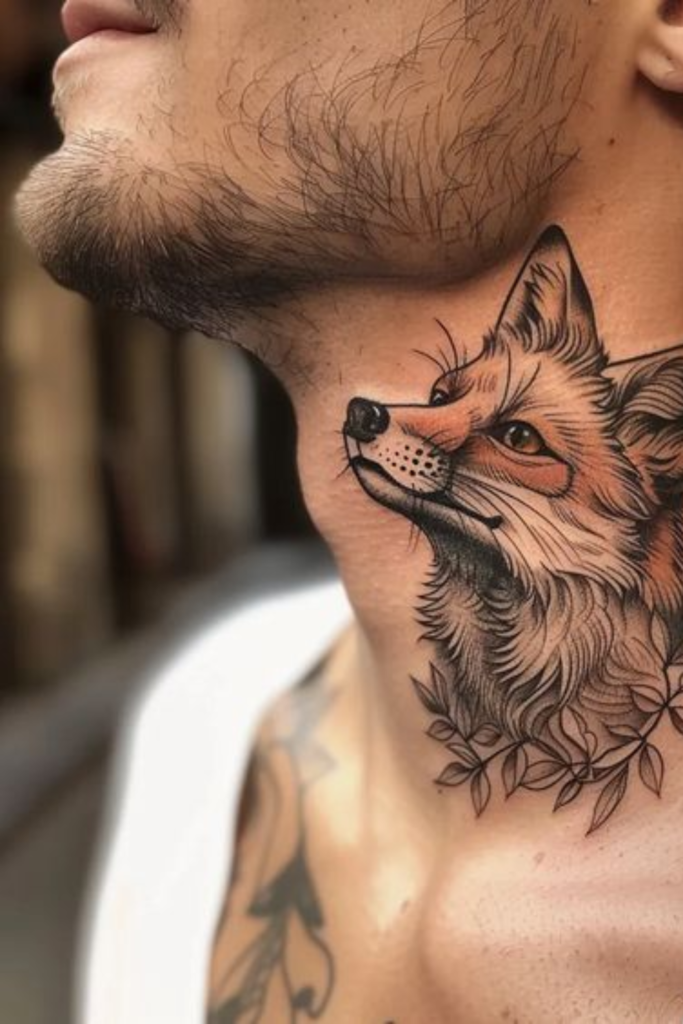 Fox Neck Tattoo Design for Men