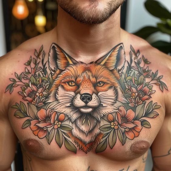 Middle chest fox tattoo for Men