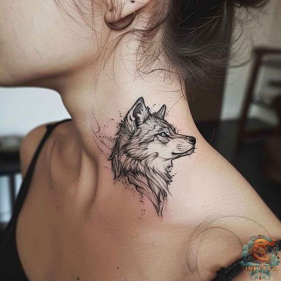 Minimalistic Fox Tattoo Deisgn at Womens Neck