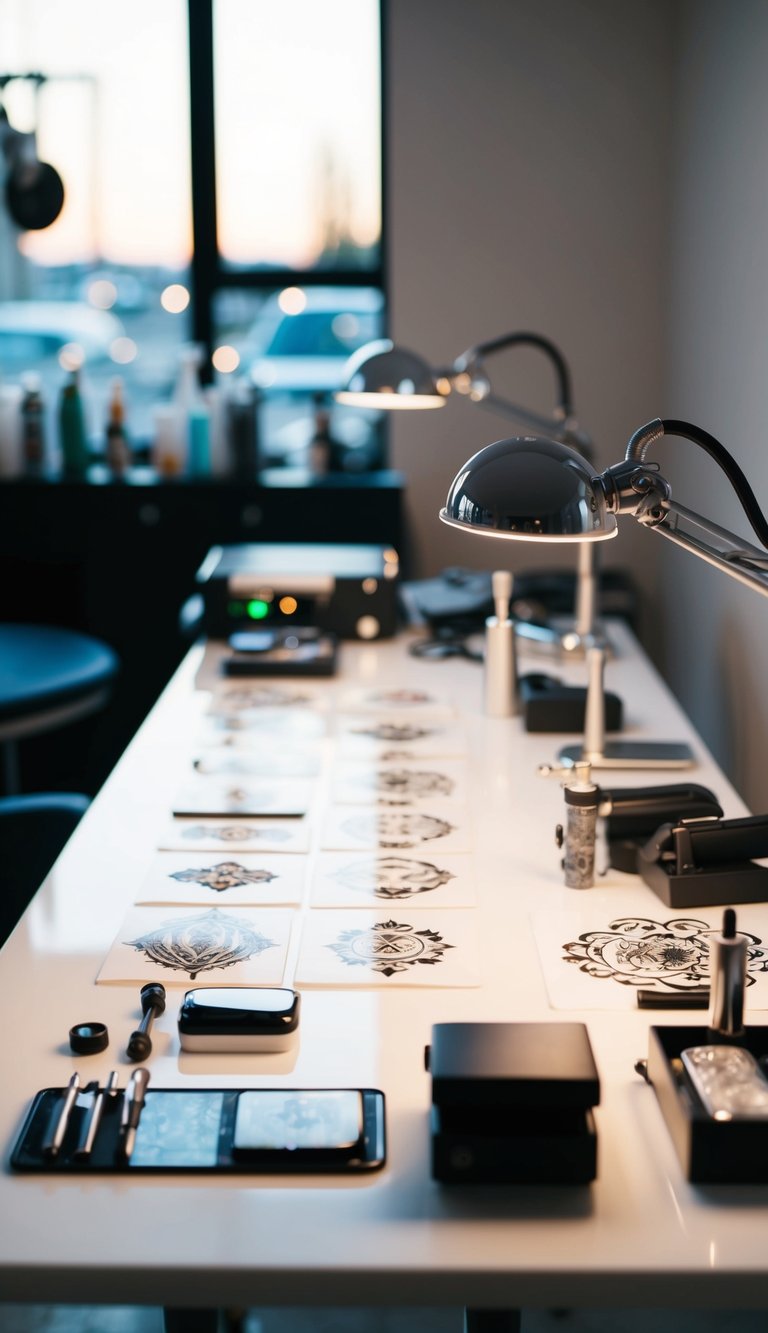 A tattoo artist's workstation with various tattoo designs and equipment laid out on a clean, well-lit table