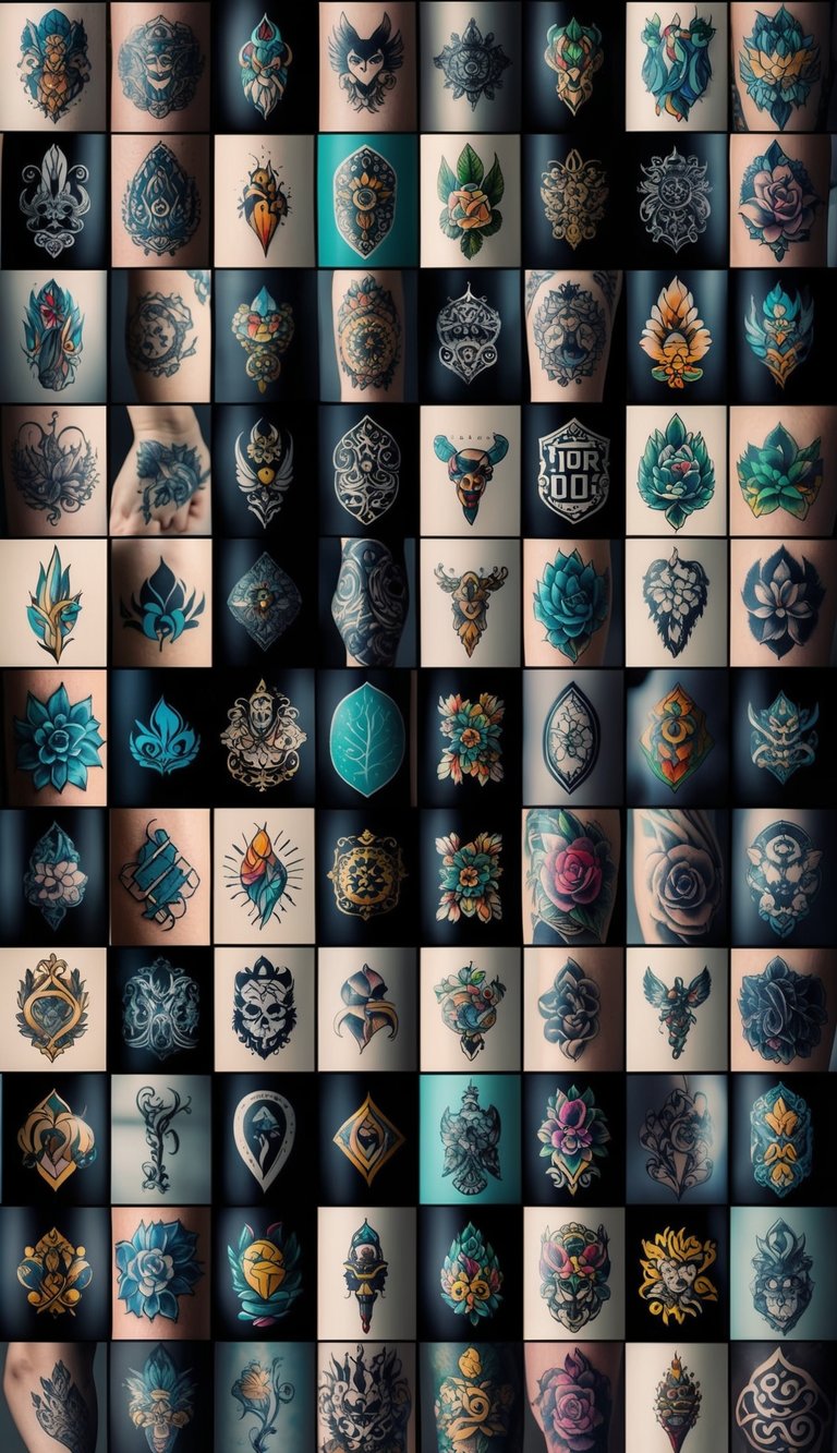 A collection of 100 unique and cool tattoo designs arranged in a grid pattern, showcasing a variety of styles and design elements