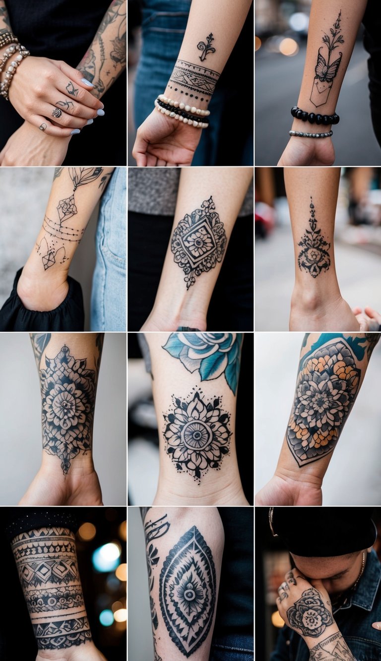 A collage of popular tattoo placements, including wrists, ankles, and shoulders, with various designs and styles