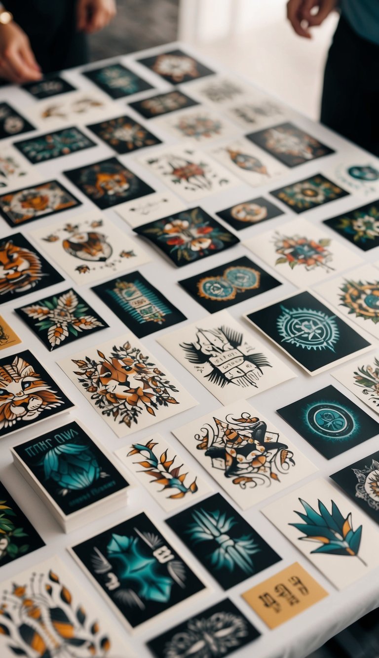 A collection of tattoo designs spread out on a table, featuring various themes such as animals, nature, symbols, and abstract patterns