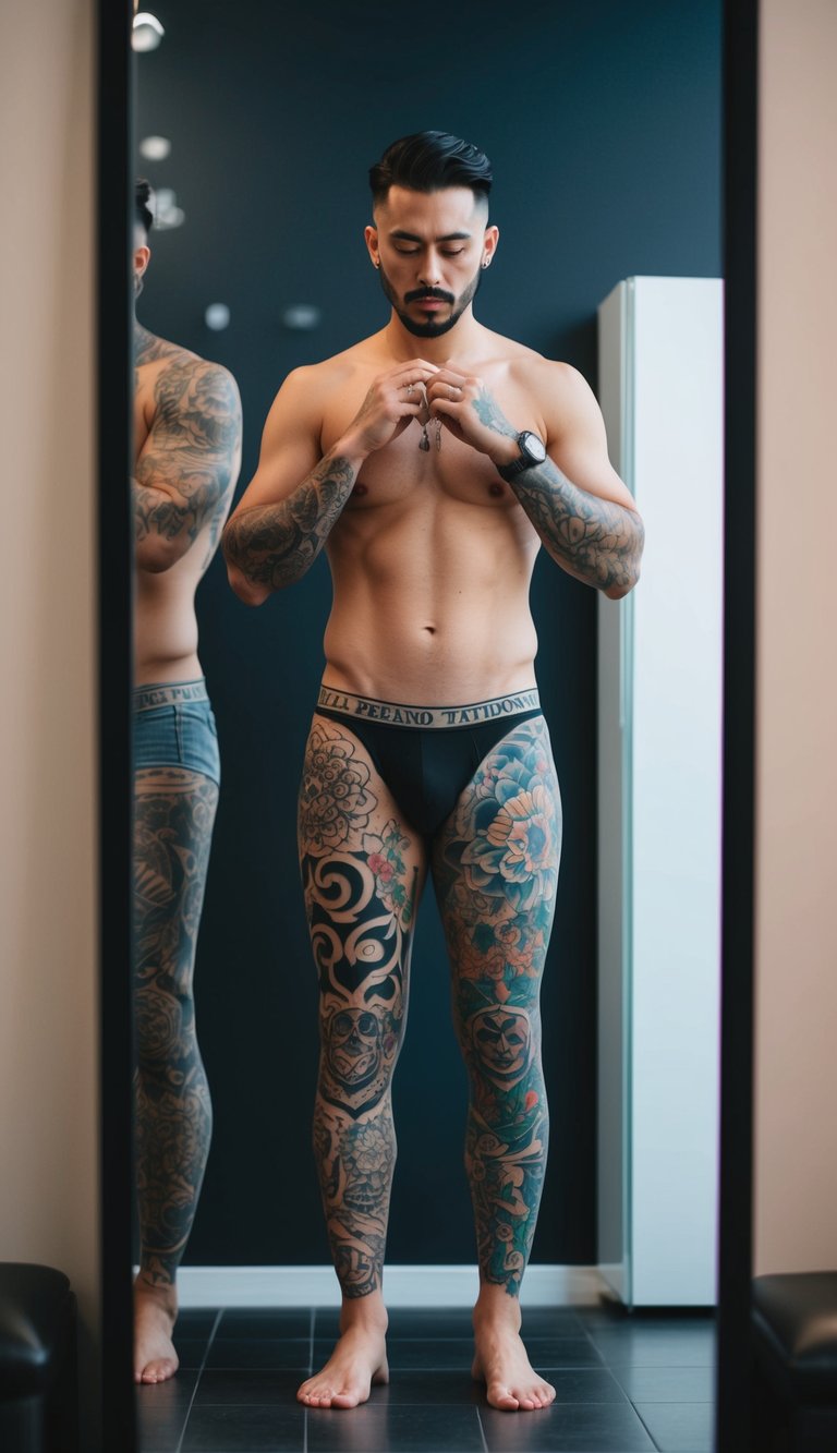 A man with thigh tattoos stands in front of a mirror, admiring the intricate designs on his legs. The tattoos range from traditional black ink to colorful, detailed artwork