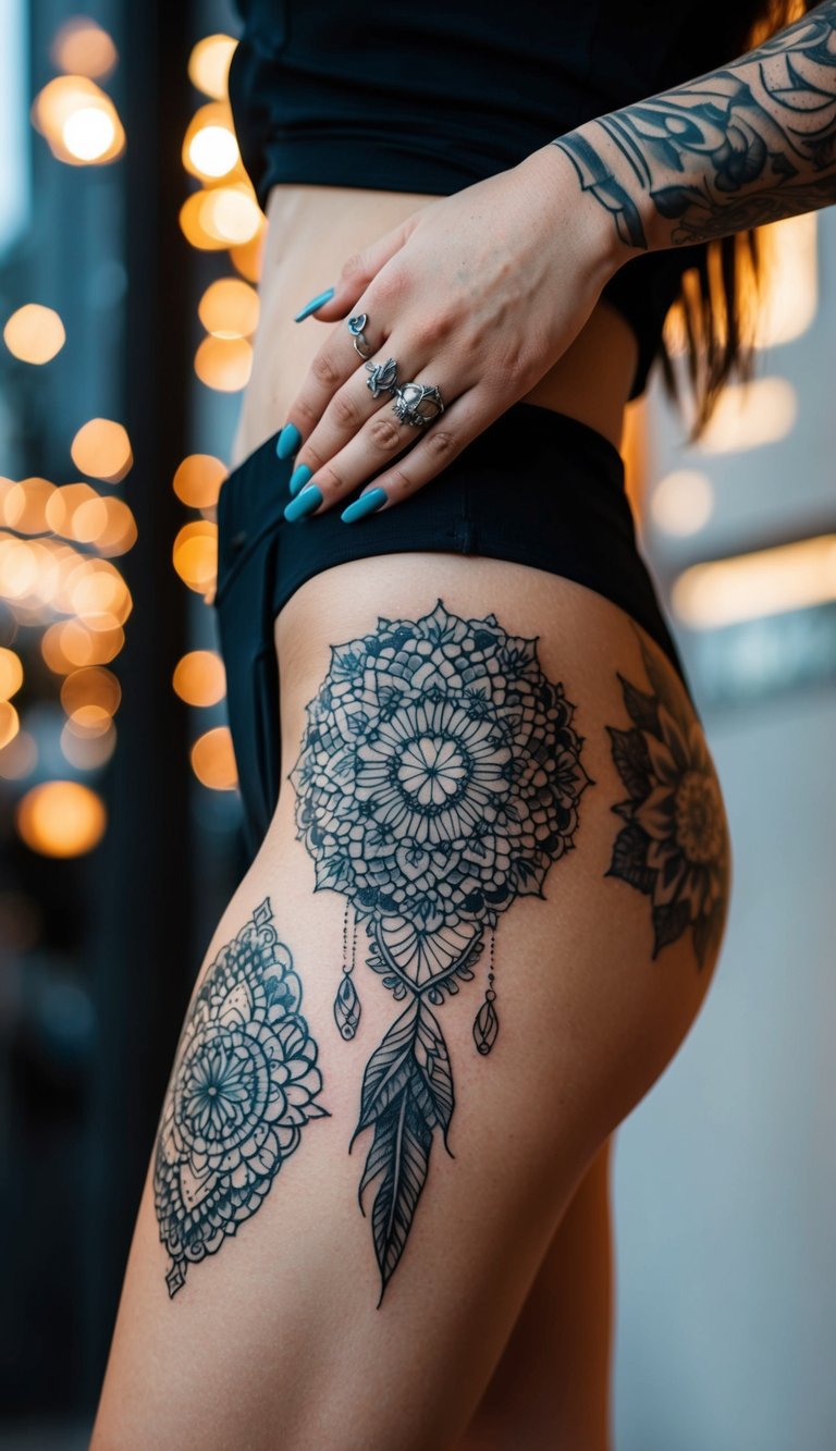 A woman's thigh adorned with various intricate tattoos