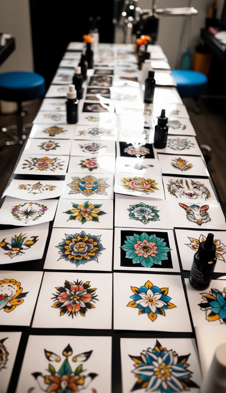 A table covered in tattoo flash sheets, surrounded by tattoo machines and ink bottles. Various thigh tattoo designs are displayed, including flowers, animals, and geometric patterns