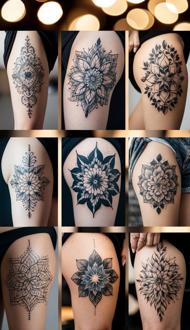 A variety of thigh tattoo designs arranged on a mood board, with emphasis on placement and composition