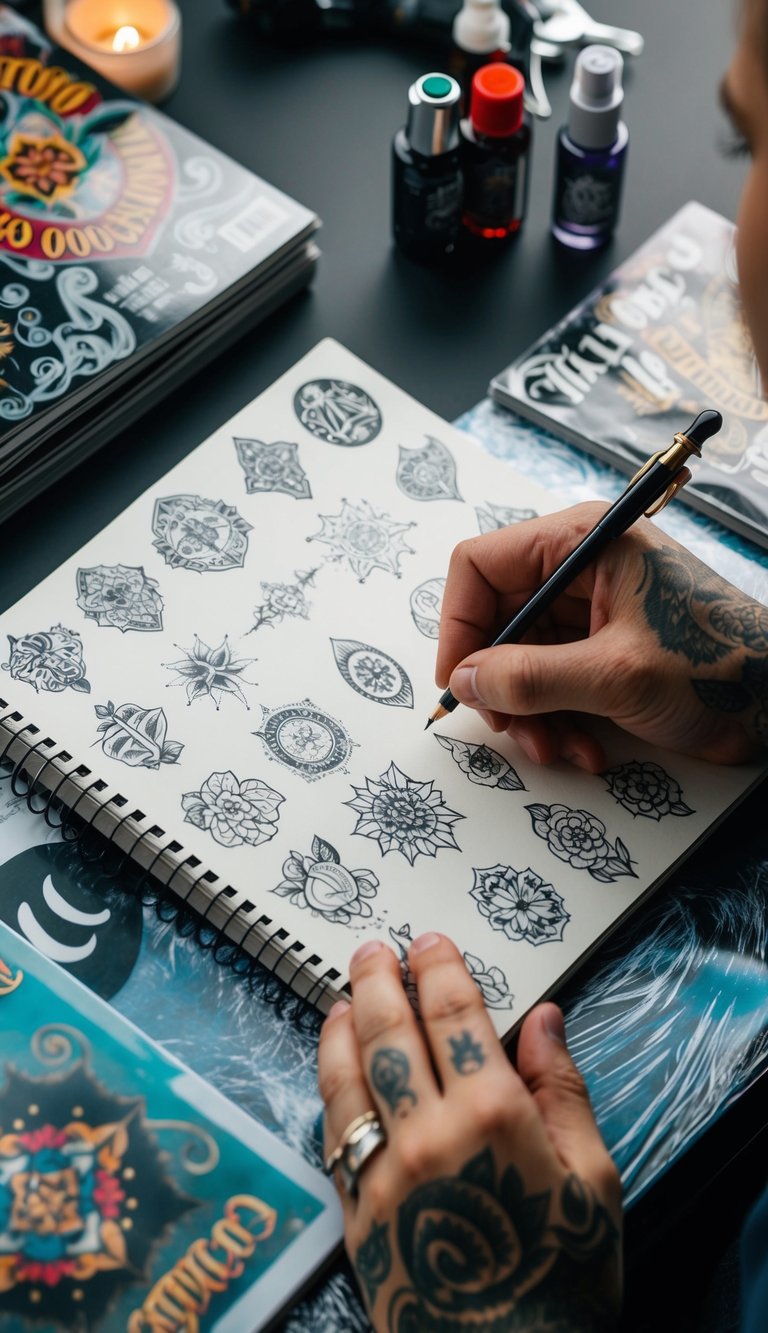 A person sketching various tattoo designs on a notepad surrounded by tattoo magazines and art supplies