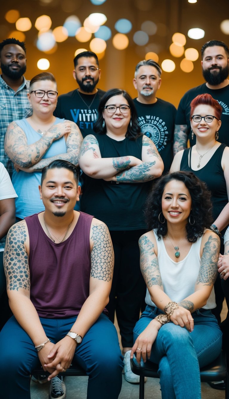 A diverse group of people with vitiligo proudly displaying their tattoos in a supportive and empowering environment