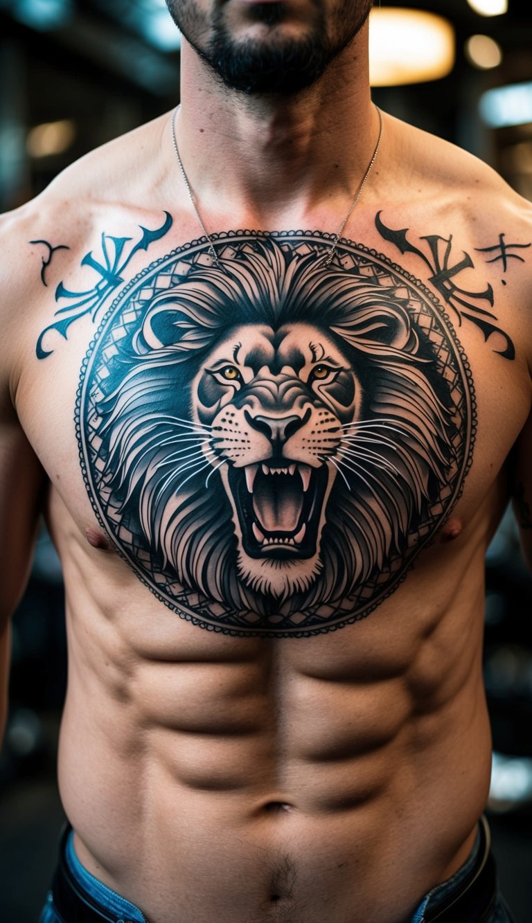 A muscular chest with a prominent tattoo of a roaring lion surrounded by intricate patterns and symbols