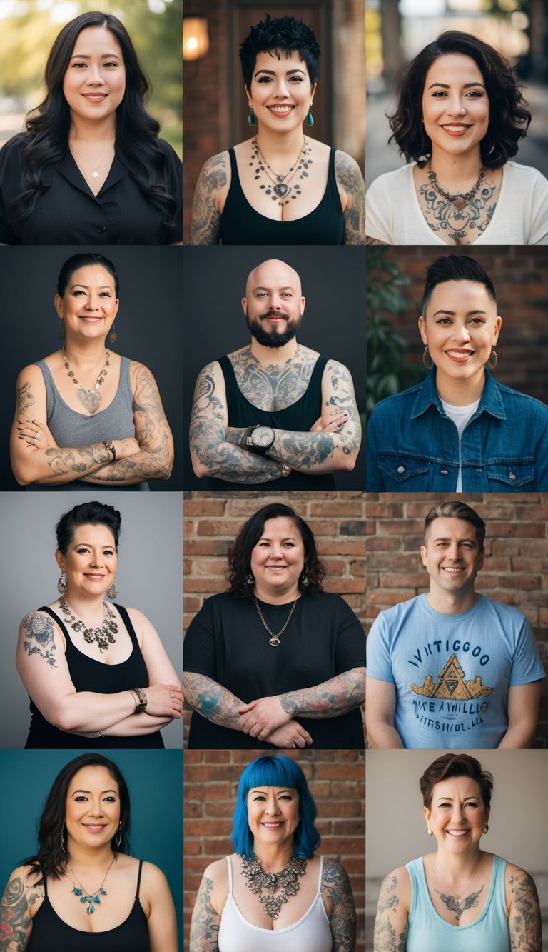 A diverse group of people with vitiligo showcasing their unique tattoos in a supportive and empowering environment