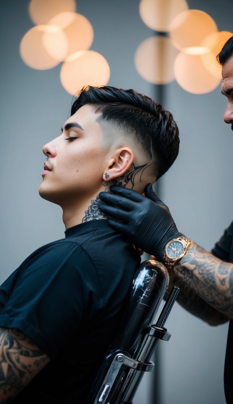 A person sitting in a chair, head tilted slightly back, with a tattoo artist's hand in the frame, working on a neck tattoo