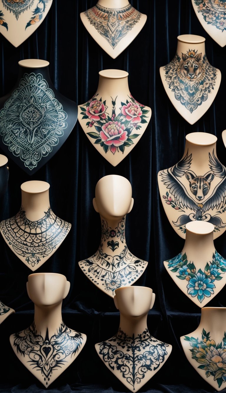 A collection of popular neck tattoo designs displayed on a black velvet backdrop, including intricate patterns, animals, and floral motifs