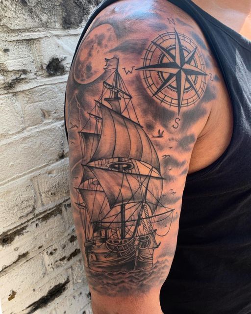 Amazing ship tattoo full sleeve design