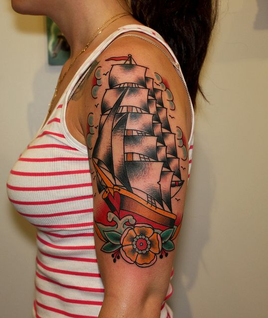 Arm Ship Tattoo Design for Women