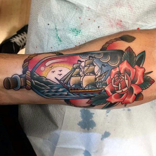 Colorful Bottle Ship Tattoo Design