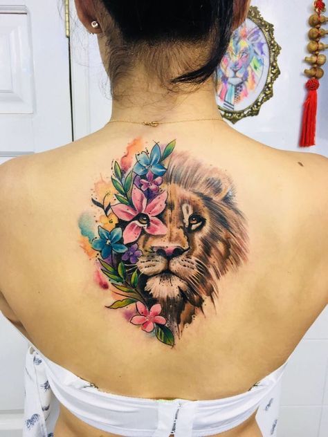 Colorful leo tattoo design at back